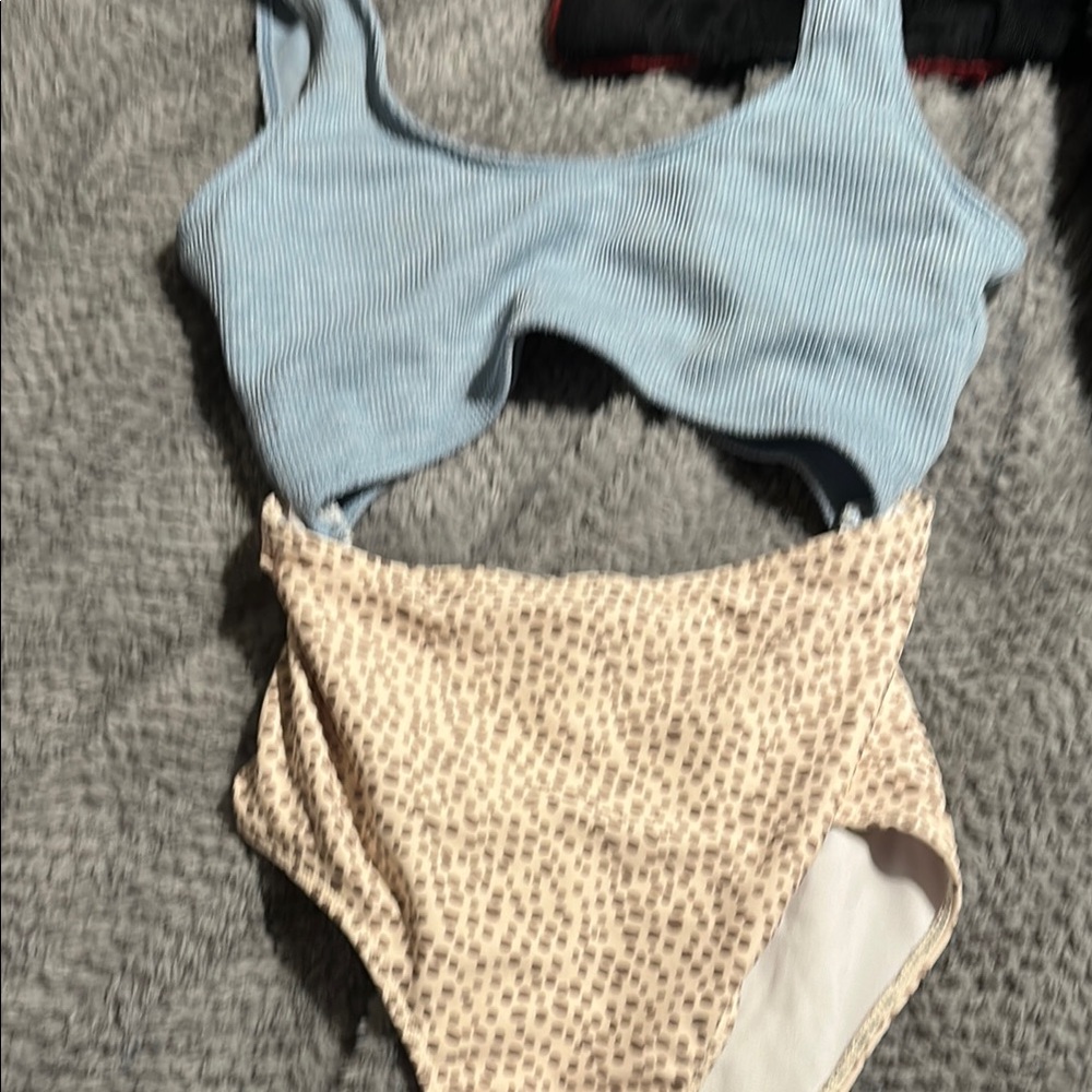 Blue and Cream Two-Piece Swimsuit